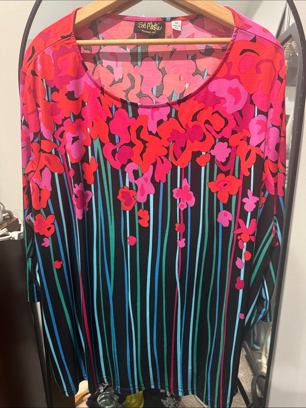 Bob Mackie Black Tunic with Pink & Red Floral Stripe Motif